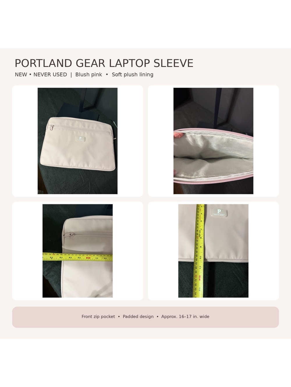 Portland Gear Blush Pink Padded Laptop Sleeve - New